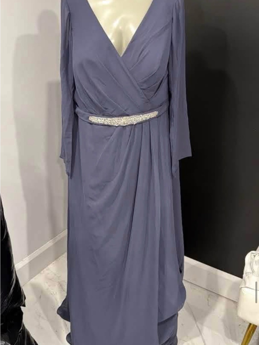 Azazie Slate Blue Long Sleeve V-Neck Evening Gown